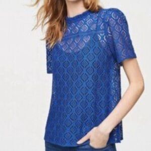 LOFT Blue Lace Boxy Short Sleeve Blouse Size Medium